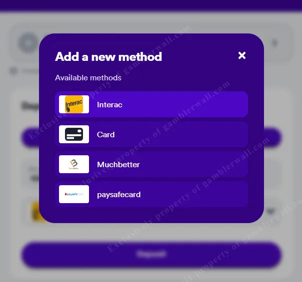 Deposit methods — MuchBetter, Interac, Visa, Mastercard, Apple Pay