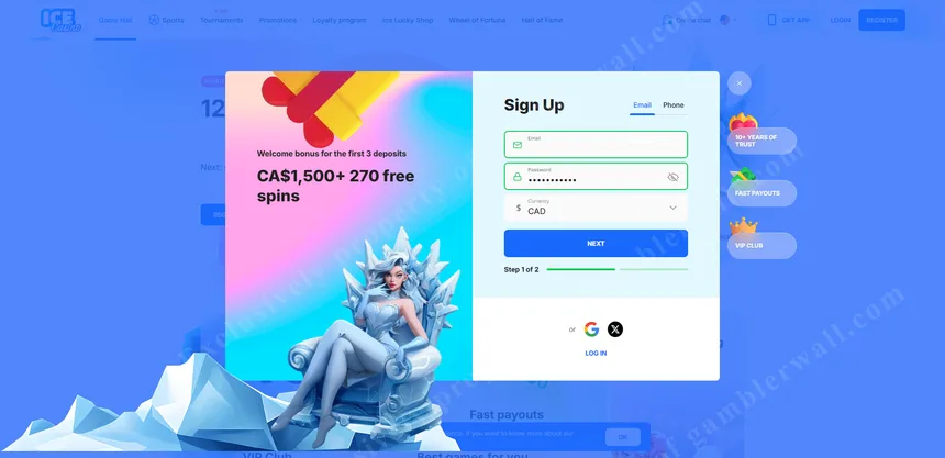 Step-by-step registration process at Ice Casino