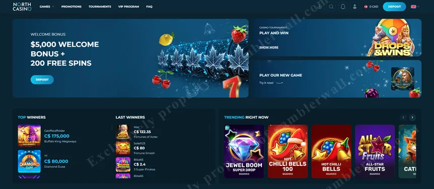 North Casino homepage — clean dark interface with featured games