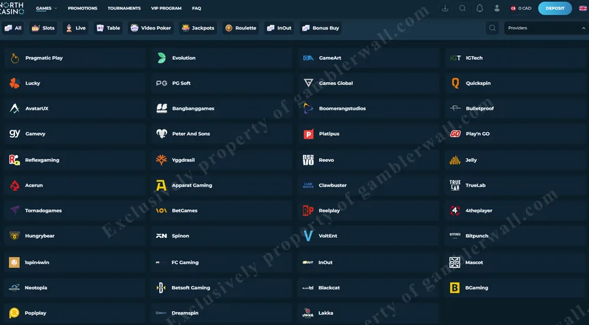 Game providers powering North Casino's 3,000+ library