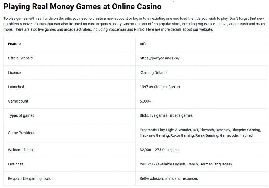 Casino general info page — licences, RTP, and platform overview