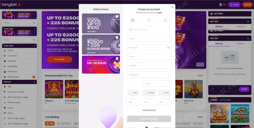 Step-by-step registration process at TonyBet